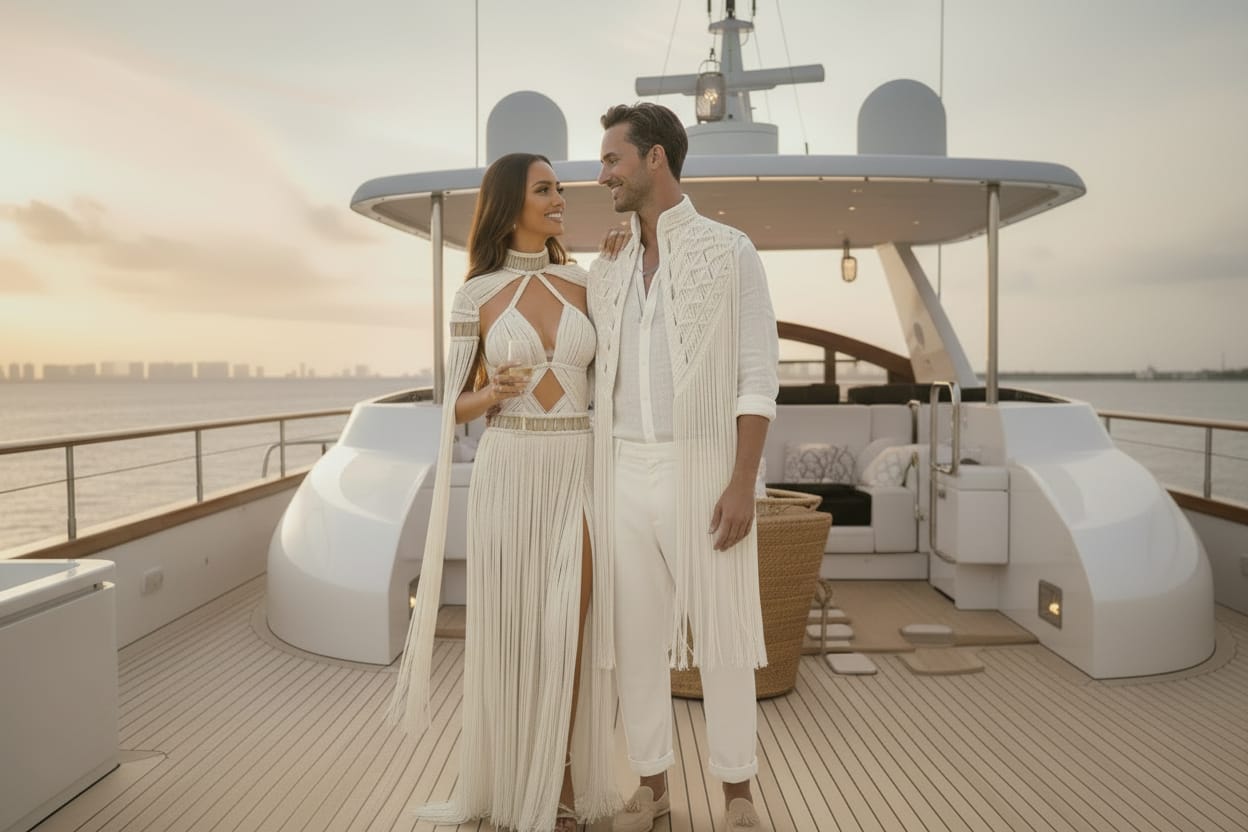 Couple wearing Altysan best seller outfits with handcrafted fringe details at an elegant yacht event.