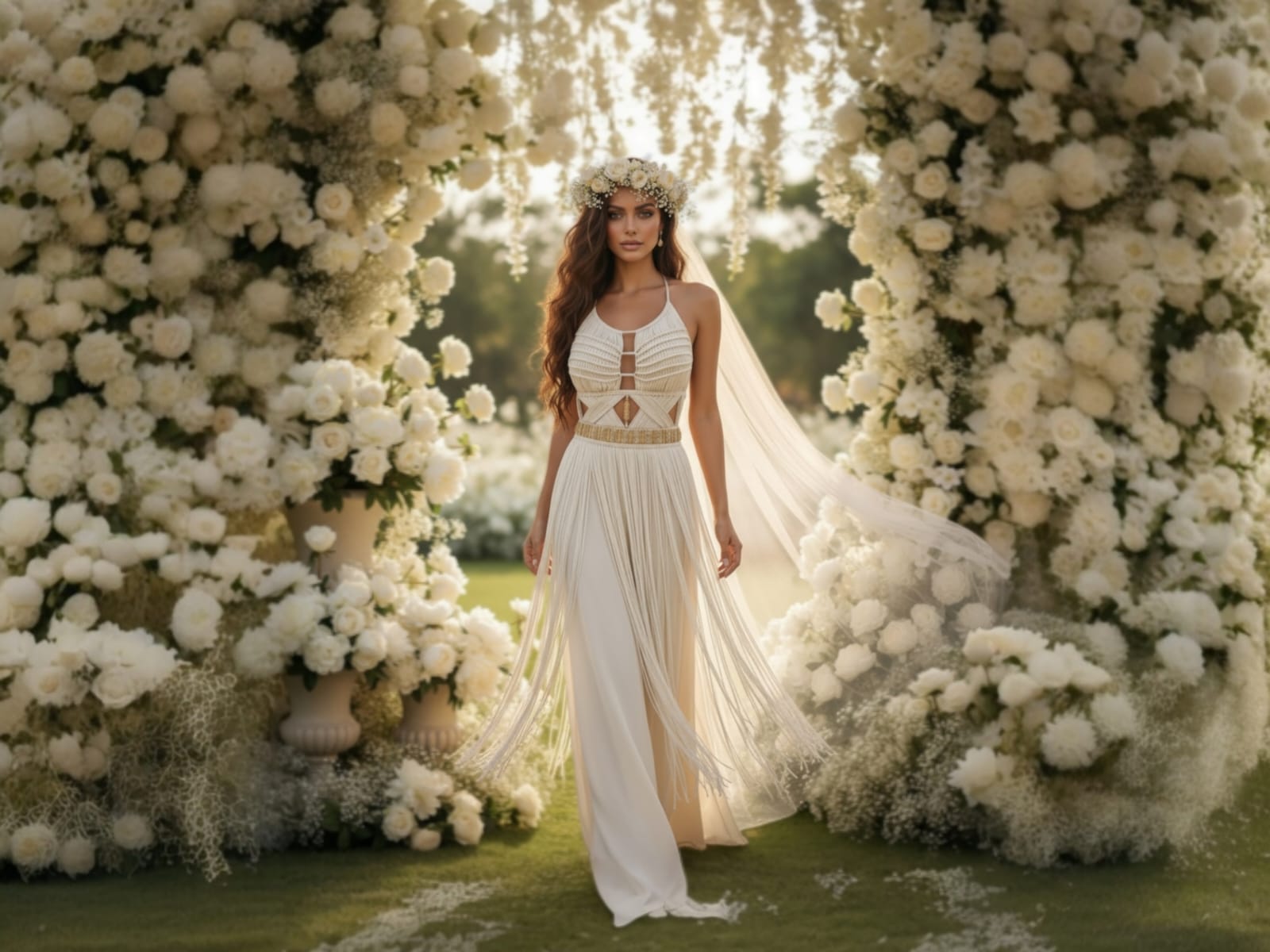 Handmade macrame wedding dress in a boho style, crafted with premium lightweight cotton cord or high-quality lycra. It features an intricate knotted bodice, halter neckline with cut-outs, and a flowing skirt with long, high-movement fringe.