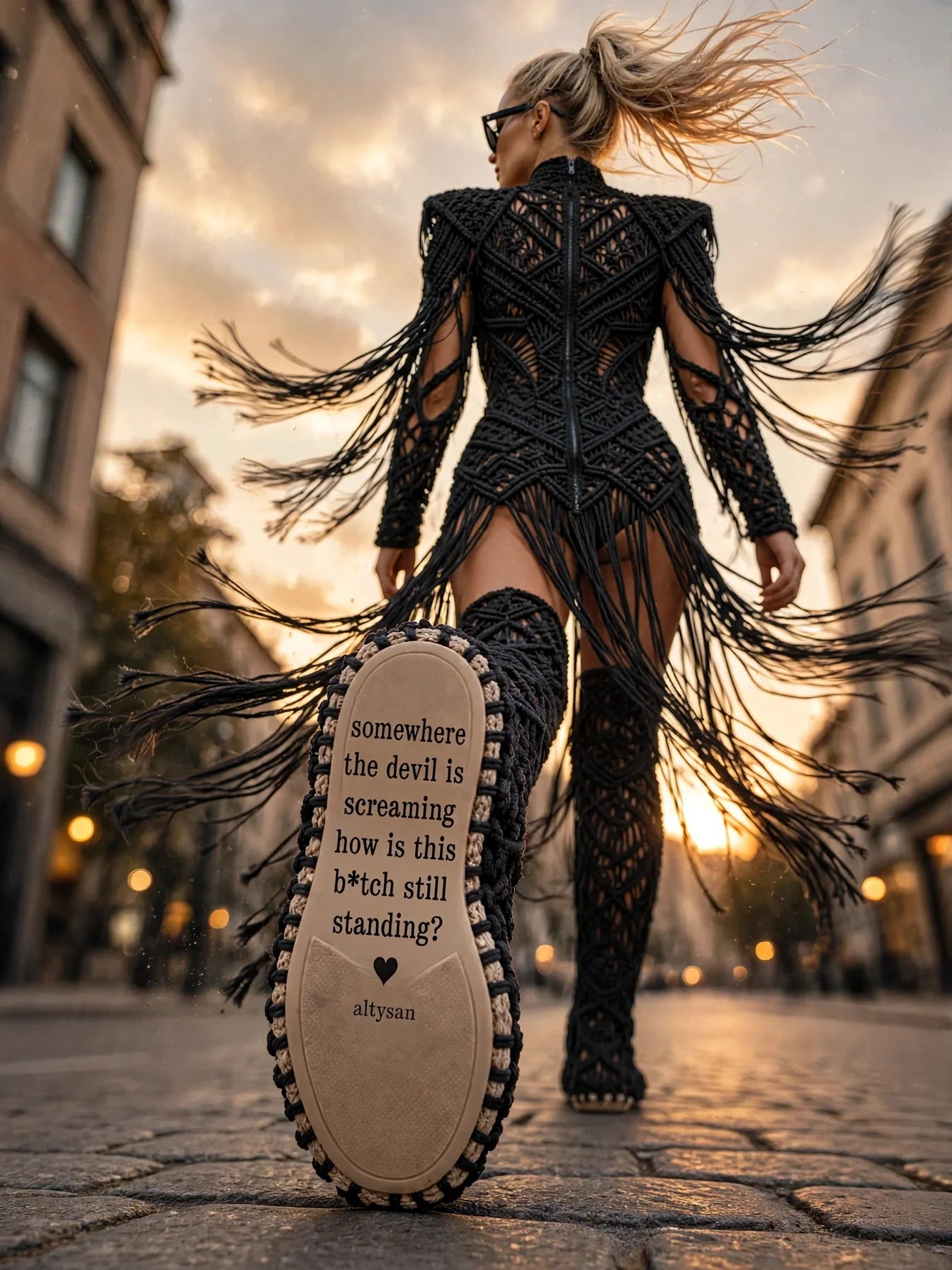 Model wearing a luxury Altysan dress with handcrafted fringe details at an elegant sunset event.