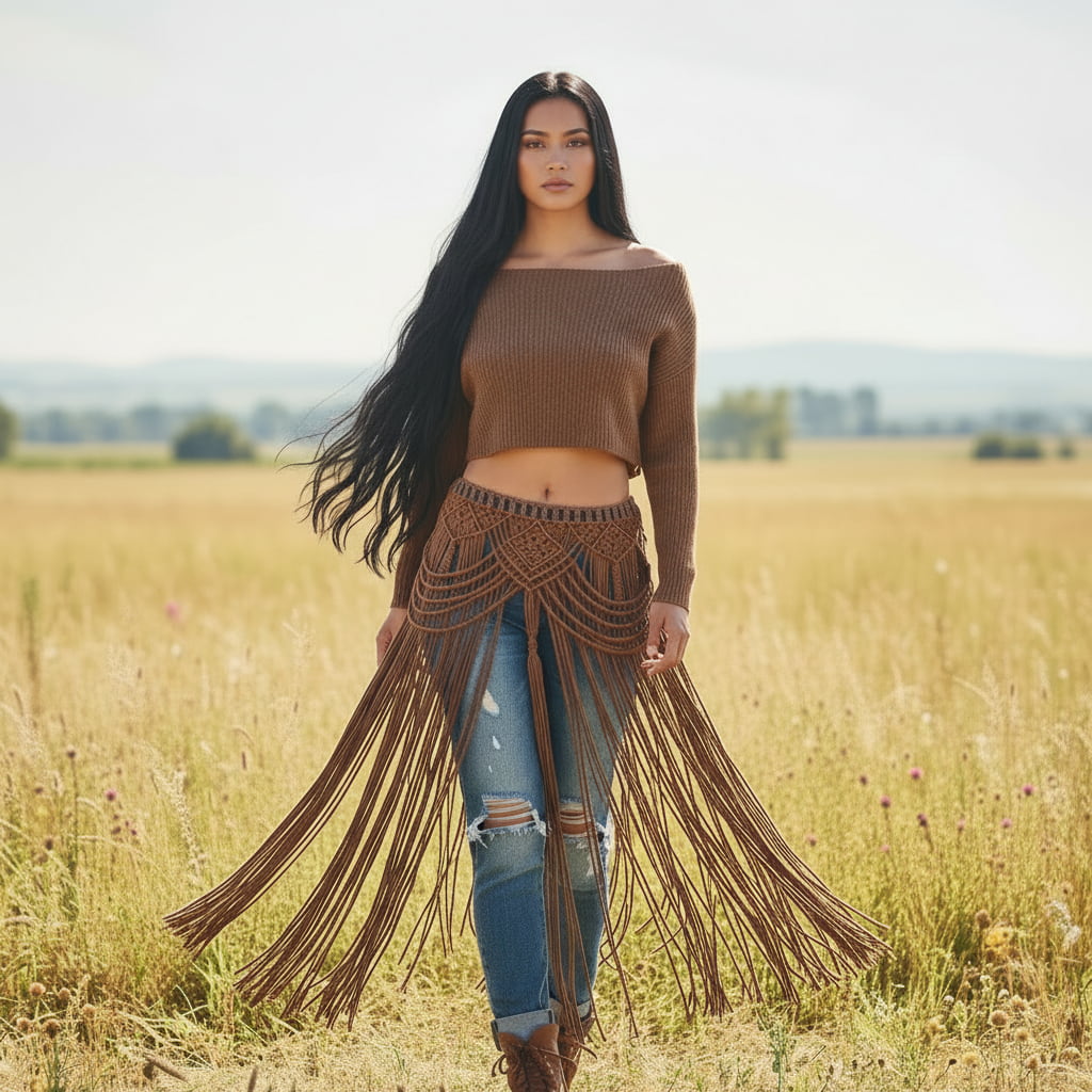 Woman wearing a multi-purpose macrame skirt from the brand altysan, with brown fringes in a field