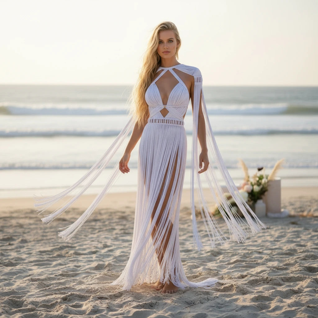 Woman in a white fringe dress standing on a beach with ocean in the background