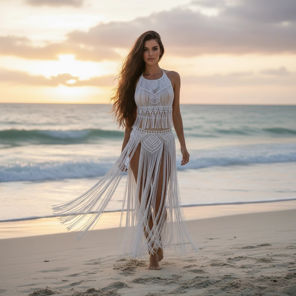 Woman in a white macramé dress walking on a beach at sunset.