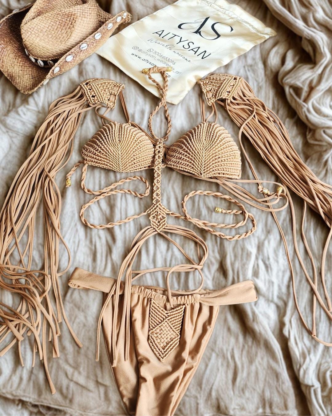 boho chic fashion, Luxury Handcrafted Krystal Macrame 3-Piece Set for Beach & Festival Fashion