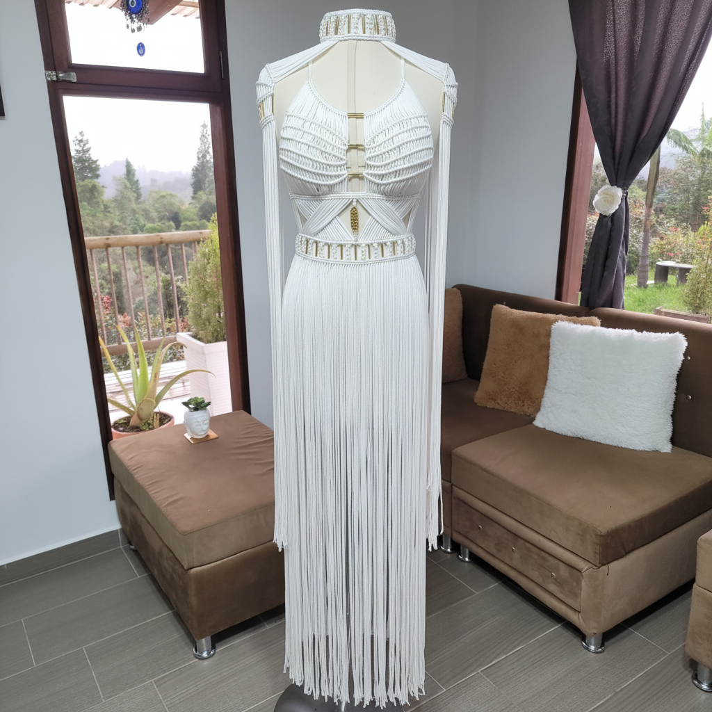 White Macramé Halter Dress - Boho Wedding & Resort Gown