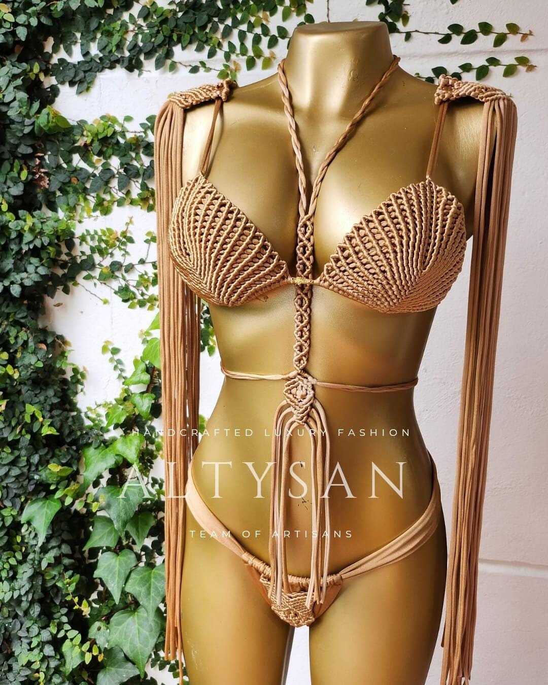 triangle bikinis, 4-Piece Boho Bikini Set for Women, summer fashion, Perfect for Burning Man & Festivals, cheeky thong bathing suit bottoms
