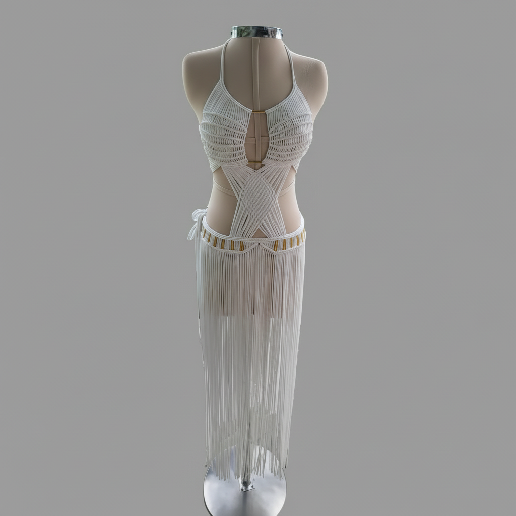 Macrame Maxi Dress - White Halter Wedding & Yacht Dress - Sekhmet