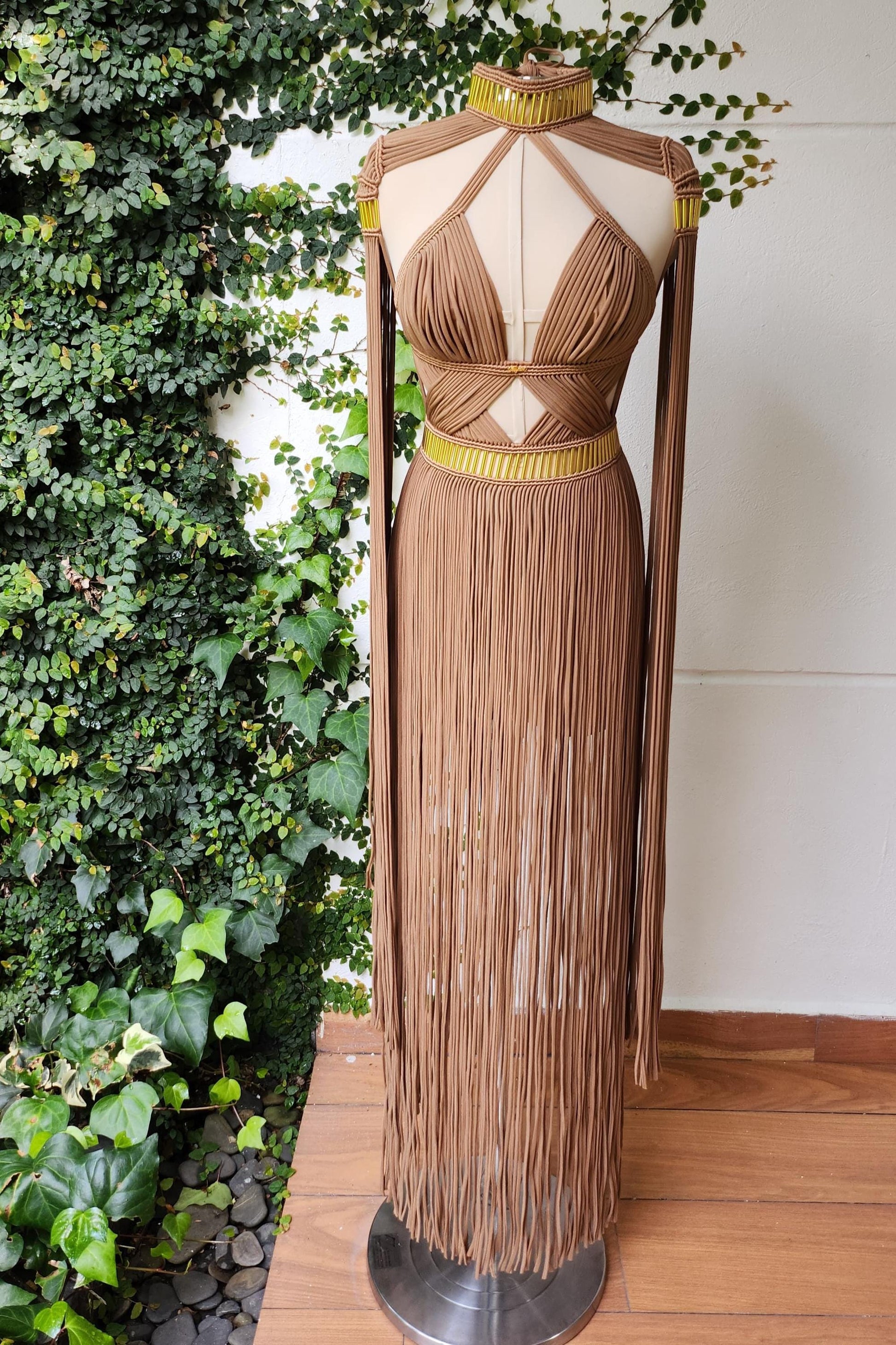 Rave outfits, clothing for festivals. Goddess-Inspired Macrame Gold Dress | Perfect Photoshoot Outfit, womens clothing, party dress.
