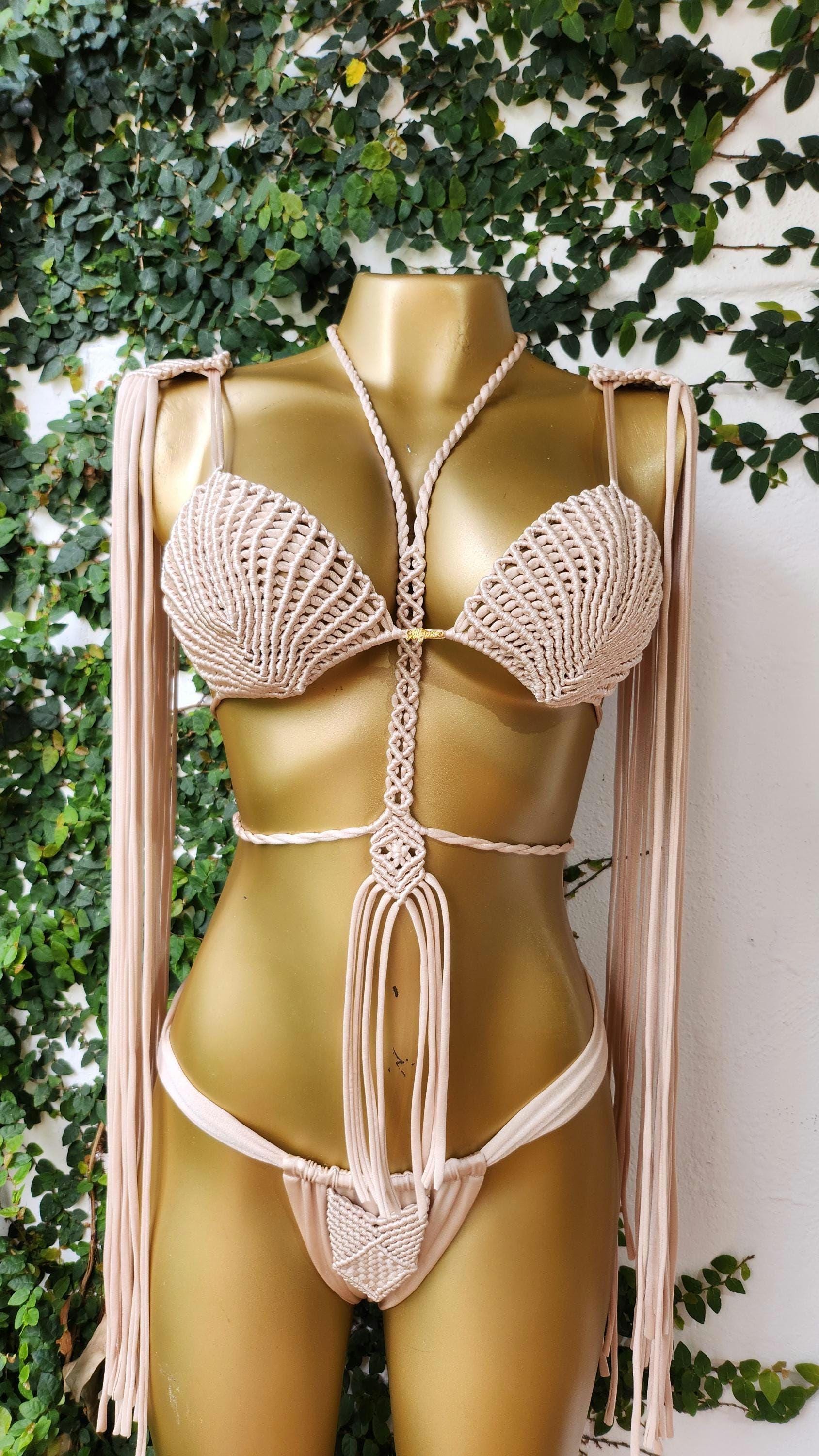 triangle bikinis, 4-Piece Boho Bikini Set for Women, summer fashion, Perfect for Burning Man & Festivals, cheeky thong bathing suit bottoms