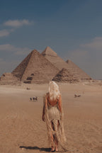   Gold goddess dress hand-knotted in silk, worn in the Egyptian desert at the Pyramids of Giza — Hathor