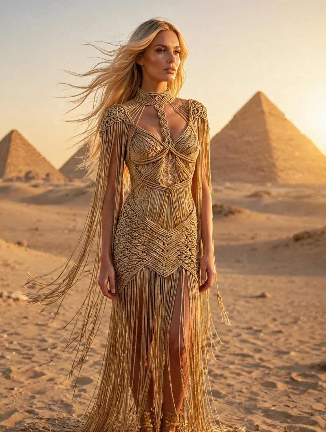 Gold goddess dress in hand-knotted silk, Egyptian evening gown with long sleeves at the Pyramids of Giza — Hathor