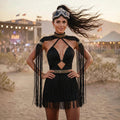 Short festival Dress with long strings and gold accents - Boho Wedding -greek goddess resort bohemian dress Ariel Archangel