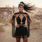 Short festival Dress with long strings and gold accents - Boho Wedding -greek goddess resort bohemian dress Ariel Archangel
