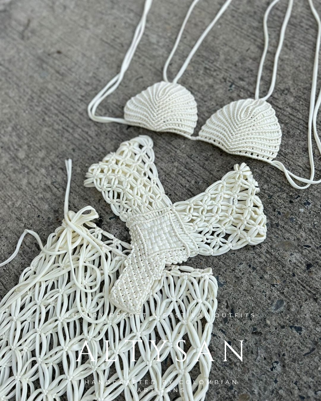 handcrafted white macrame skirt with shell bikini top – artisanal boho fashion
