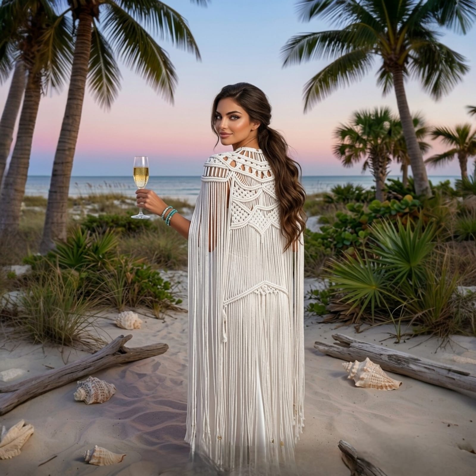 Millie's Macramé Shrug — Hand-knotted cotton fringe cape worn at sunset beach, Altysan Couture

