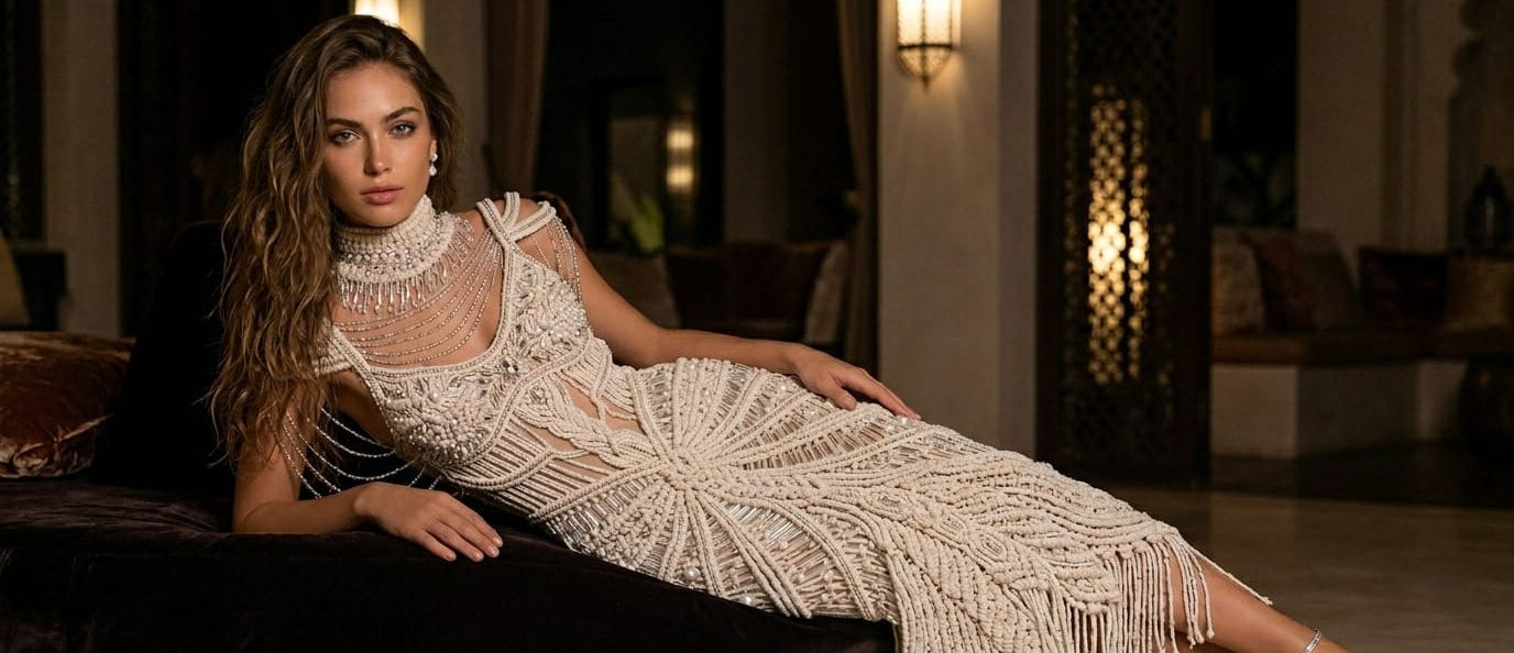 Bespoke handcrafted macramé couture dress — custom designed and hand-knotted to order by ALTYSAN atelier