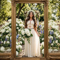 Handmade ALTYSAN macramé wedding dress in ivory featuring intricate knotwork, bohemian fringe details, geometric cutouts, and a soft flowing lycra skirt. Romantic bridal look photographed among blooming hydrangeas, framed by a vintage gold mirror and holding a cascading bouquet.