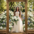 Handmade ALTYSAN macramé wedding dress in ivory featuring intricate knotwork, bohemian fringe details, geometric cutouts, and a soft flowing lycra skirt. Romantic bridal look photographed among blooming hydrangeas, framed by a vintage gold mirror and holding a cascading bouquet.