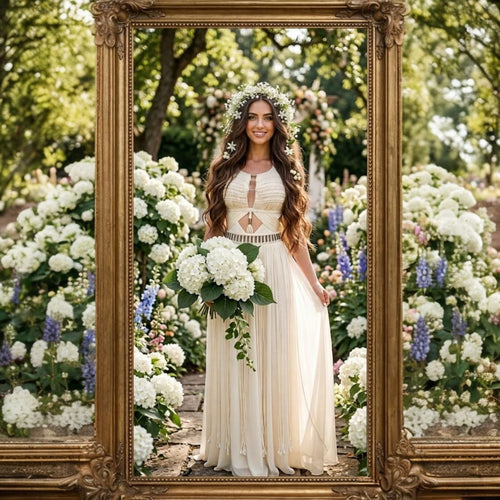 Handmade ALTYSAN macramé wedding dress in ivory featuring intricate knotwork, bohemian fringe details, geometric cutouts, and a soft flowing lycra skirt. Romantic bridal look photographed among blooming hydrangeas, framed by a vintage gold mirror and holding a cascading bouquet.