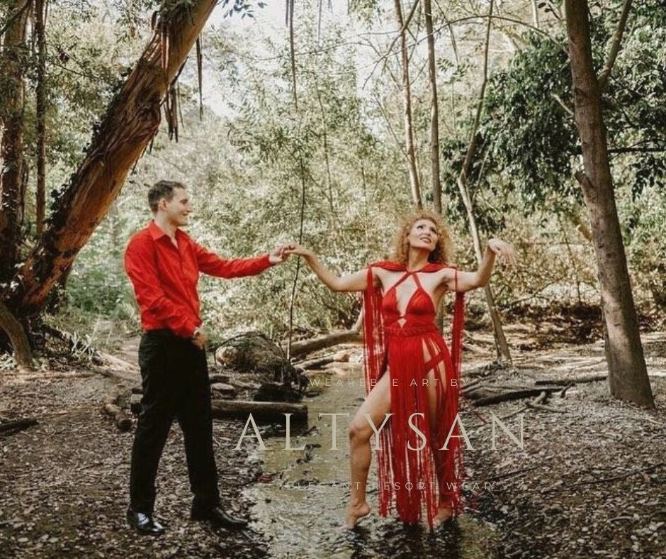 Red dress, Boho Beach Wedding Dress - Macrame Festival Outfit - HERA Collection
