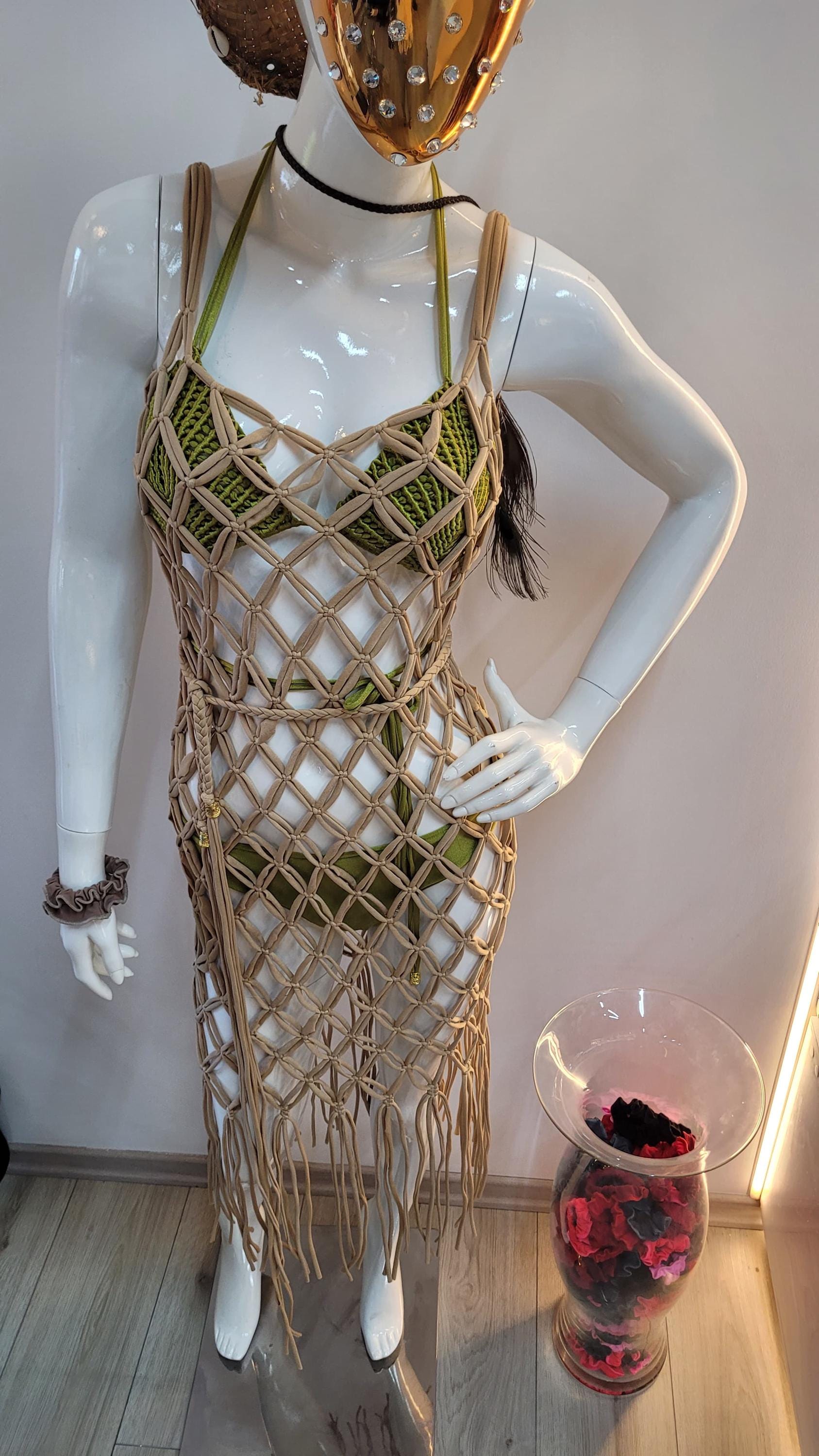 Handmade Macramé 3-Piece Beach Set - Top, Bottom & Cover Up Dress