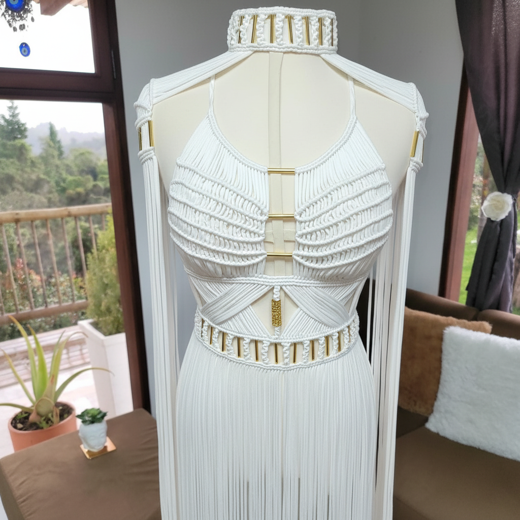 White Macramé Halter Dress - Boho Wedding & Resort Gown