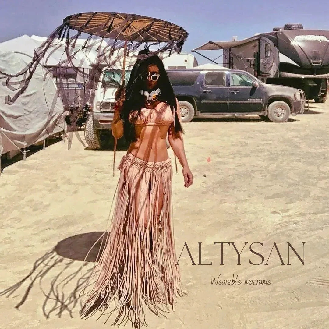 boho chic fashion, Handmade Rave outfit woman set, Bohemian 2-Piece Macramé Set | Perfect for Festivals, rave outfits, summer dress - ALTYSAN