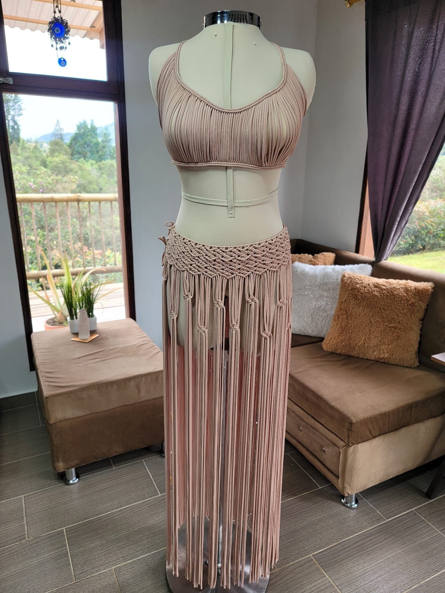 boho chic fashion, Handmade Rave outfit woman set, Bohemian 2-Piece Macramé Set | Perfect for Festivals, rave outfits, summer dress