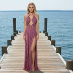 Woman in a macrame dress in 2 colors