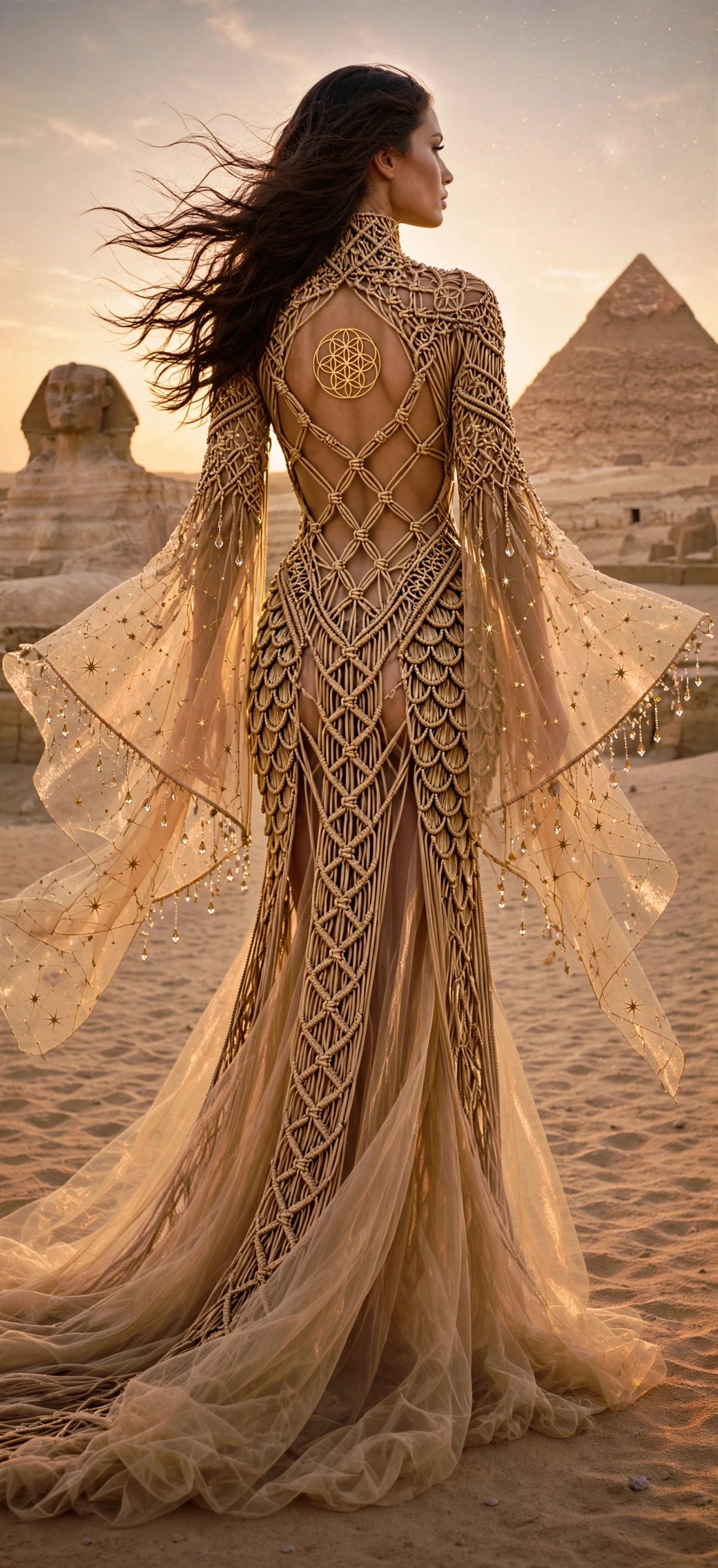 Gala-bride-photoshoot long dress macramé made with organza vel-Lumina Draconis