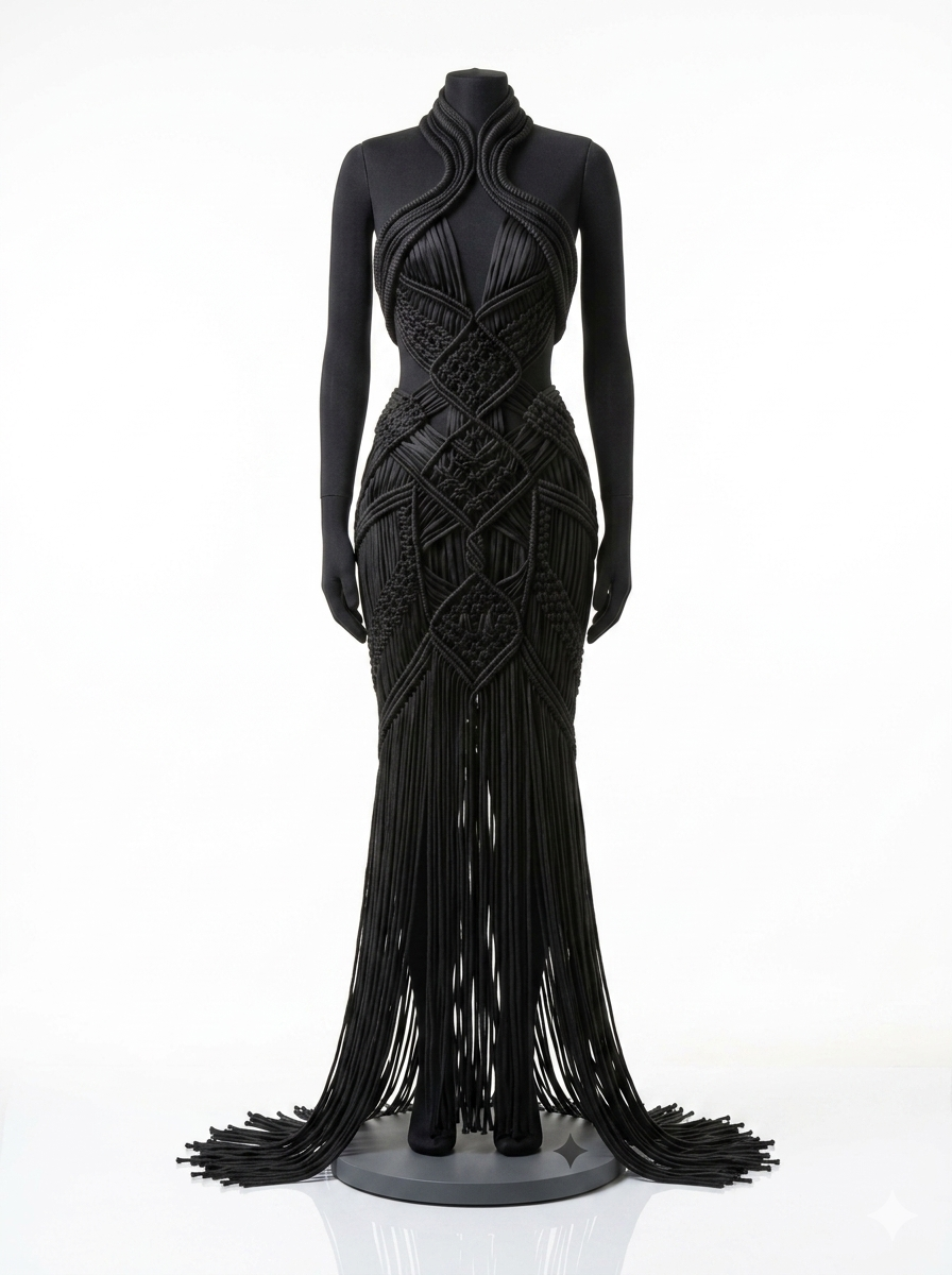Long-sleeve black macrame couture gown displayed on mannequin, hand-knotted detail