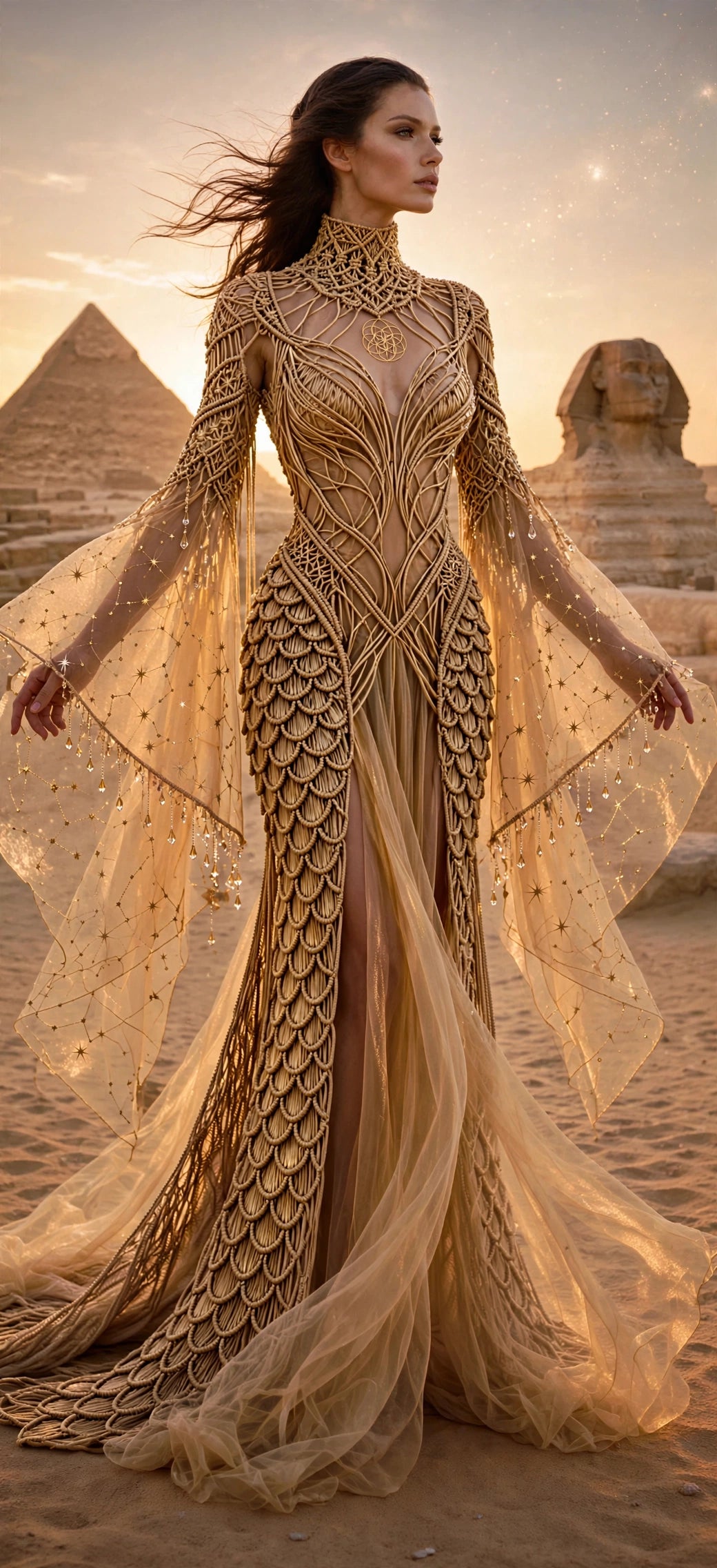 Gala-bride-photoshoot long dress macramé made with organza vel-Lumina Draconis