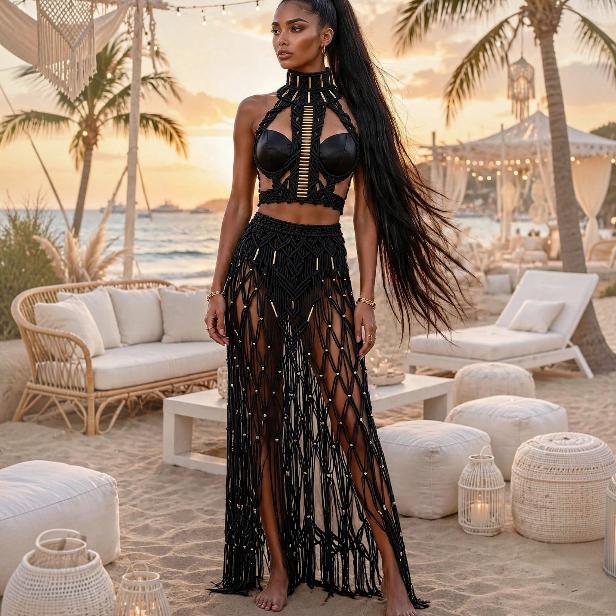 Festival Goddess 2-Piece Set with Fringe Skirt – Obsidian