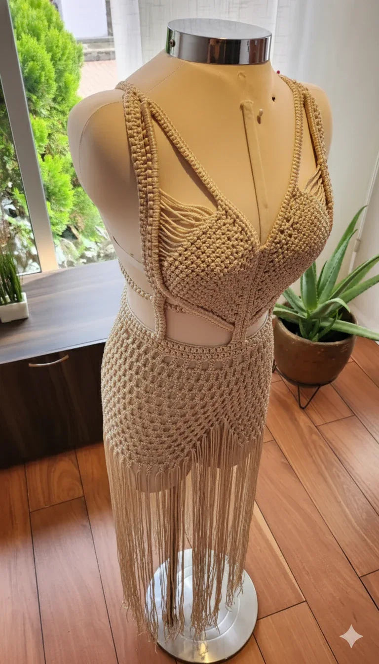 Elegant dress, Festival clothing, Macrame dress, Festival outfit,party outfit,exclusive design, Midi dress, Beach party dress, Festival dress. - ALTYSAN