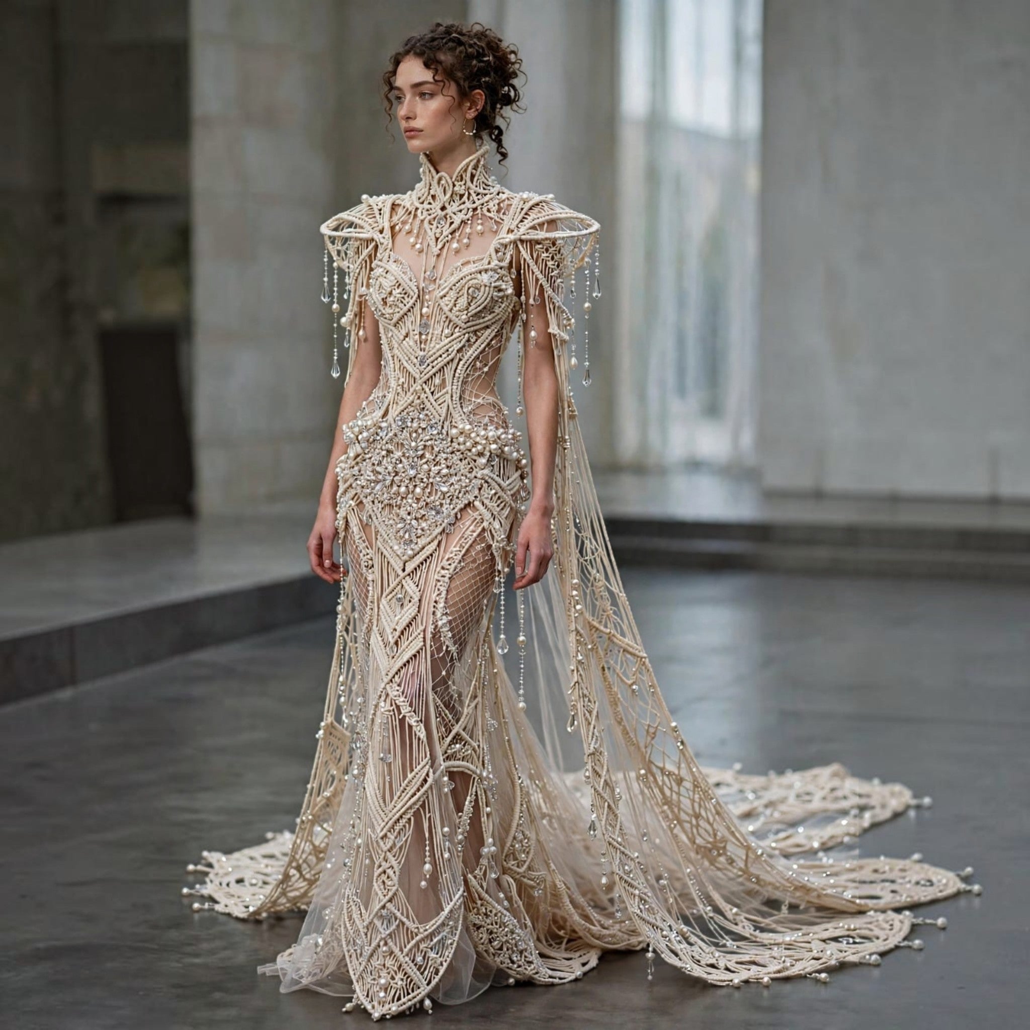 Luxury crystal beaded wedding dress with sheer bodice and dramatic train, hand-embellished couture bridal gown
