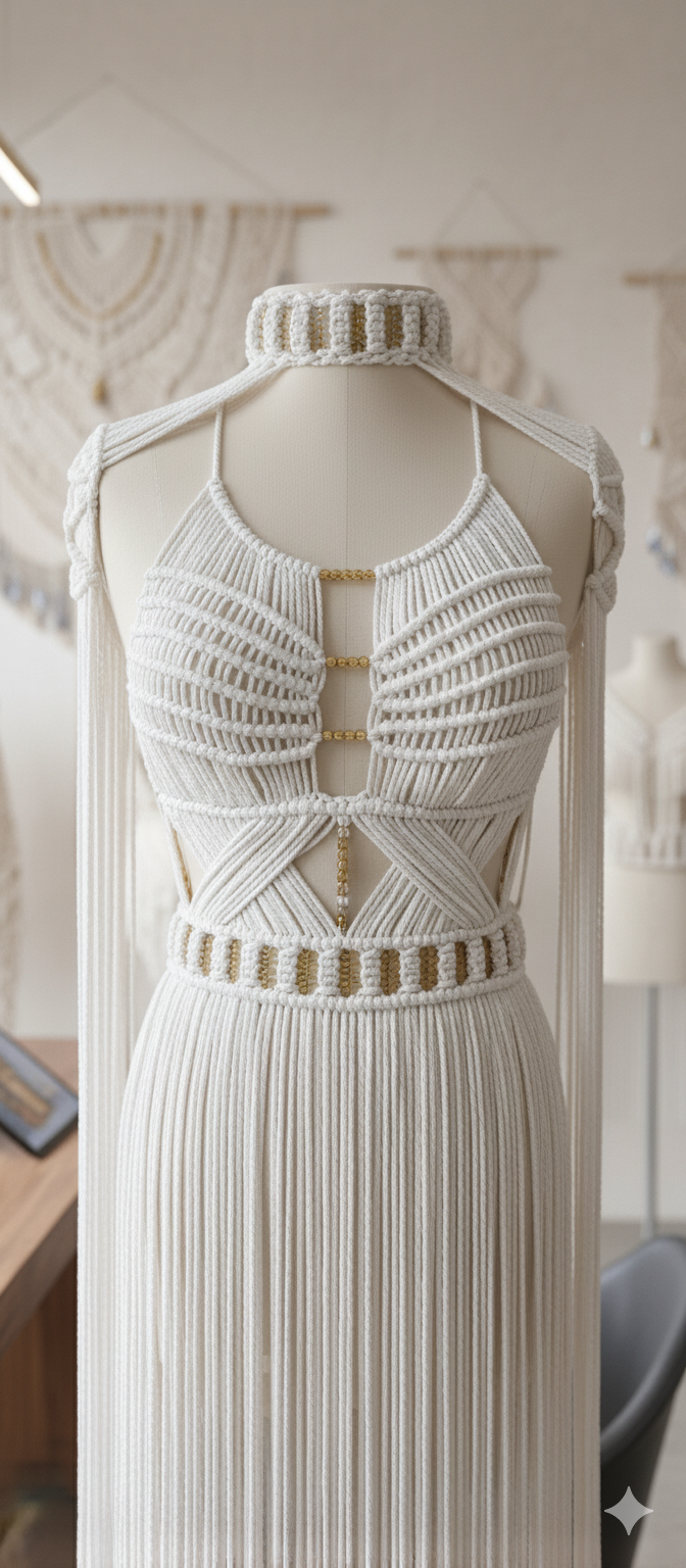 White Macramé Halter Dress - Boho Wedding & Resort Gown