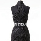 Front view of woven black macrame couture gown on mannequin, ALTYSAN evening dress
