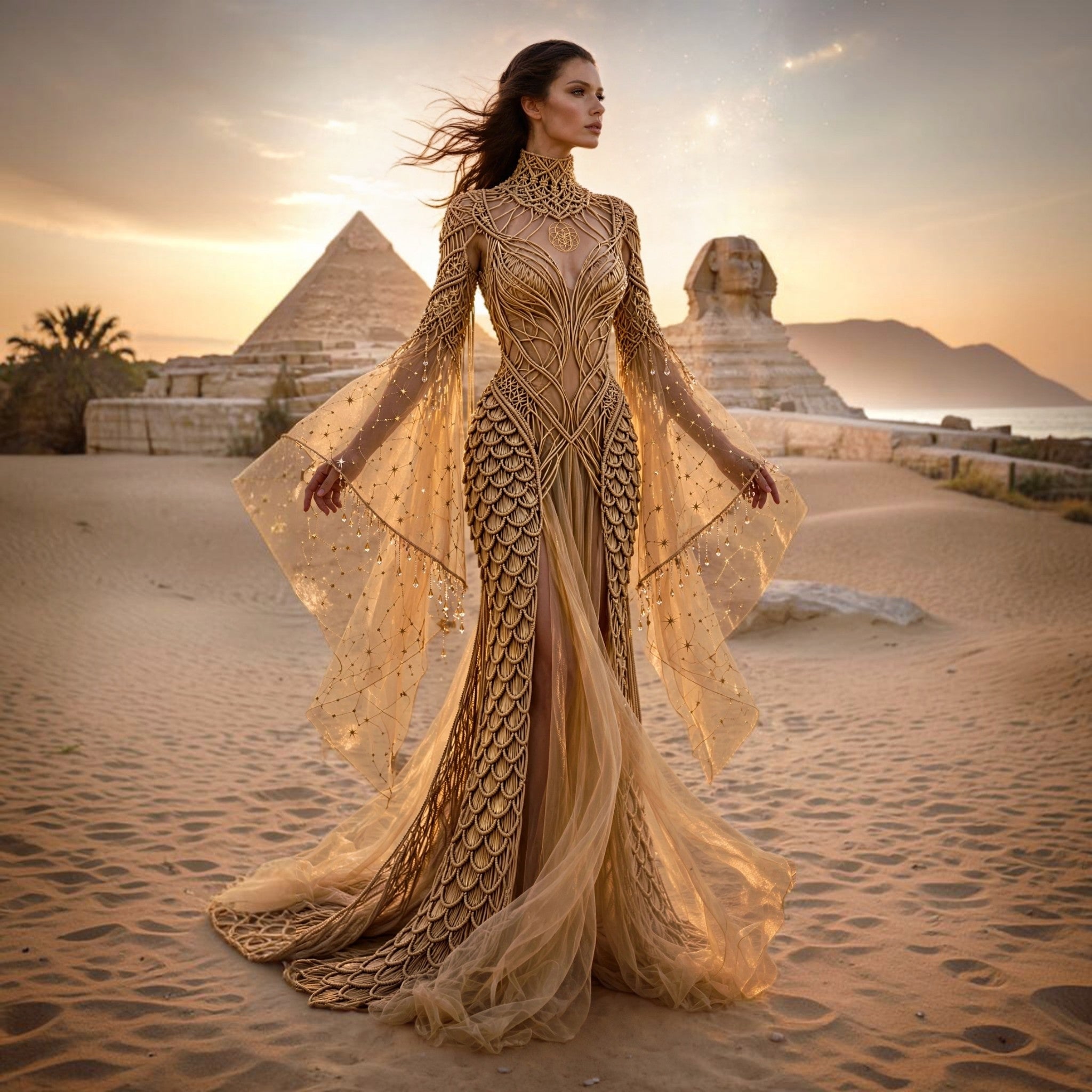 Gala-bride-photoshoot long dress macramé made with organza vel-Lumina Draconis