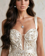 CELESTIAL AURORA - Luxury Handmade Macramé Wedding Dress | Boho Chic Couture Bridal Gown with Pearls and Crystals | 480-Hour Wearable Art