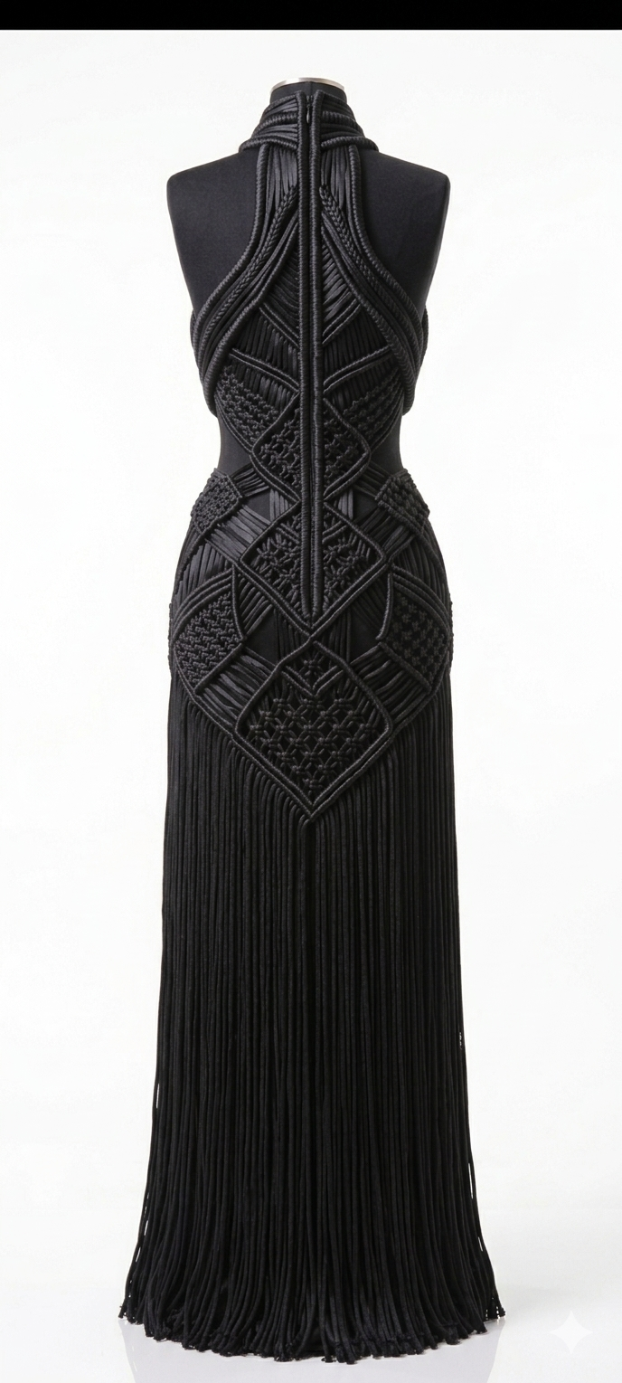 Full-length black macrame couture gown on mannequin, floor-sweeping silhouette