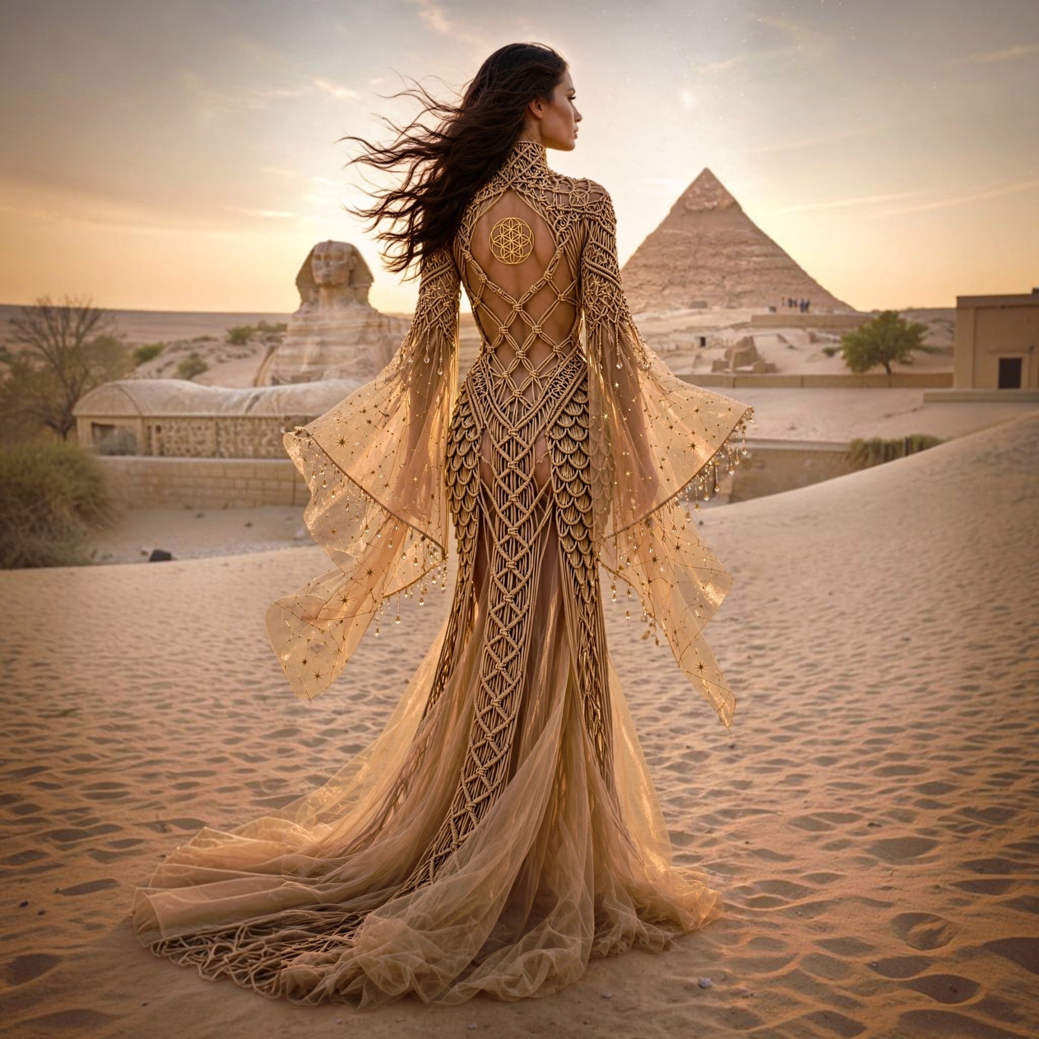 Gala-bride-photoshoot long dress macramé made with organza vel-Lumina Draconis