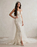 CELESTIAL AURORA - Luxury Handmade Macramé Wedding Dress | Boho Chic Couture Bridal Gown with Pearls and Crystals | 480-Hour Wearable Art