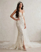 CELESTIAL AURORA - Luxury Handmade Macramé Wedding Dress | Boho Chic Couture Bridal Gown with Pearls and Crystals | 480-Hour Wearable Art