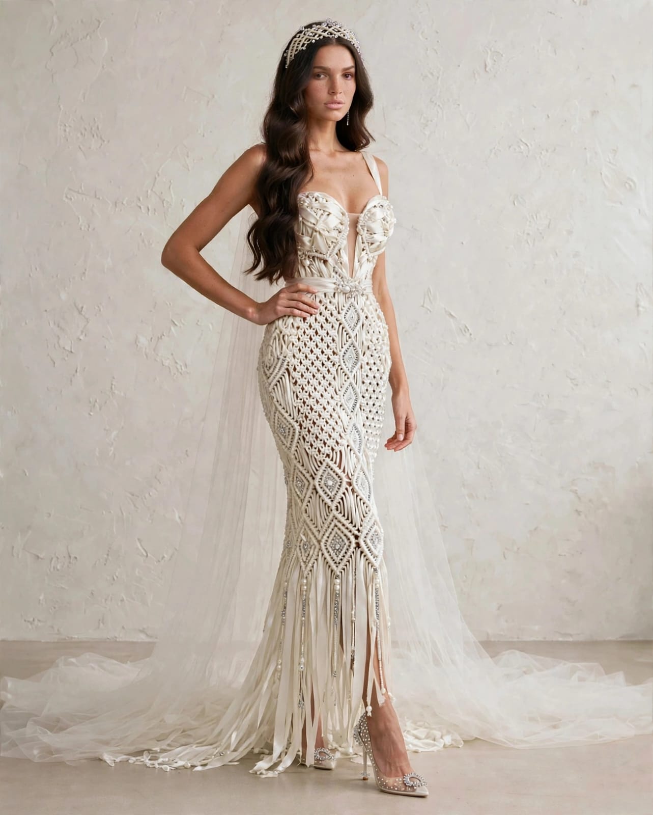 CELESTIAL AURORA - Luxury Handmade Macramé Wedding Dress | Boho Chic Couture Bridal Gown with Pearls and Crystals | 480-Hour Wearable Art
